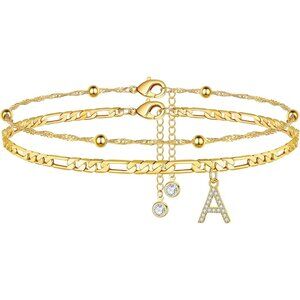 Ankle Bracelets for Women, 14K Gold Plated Dainty Layered Chain CZ Initial Ankle